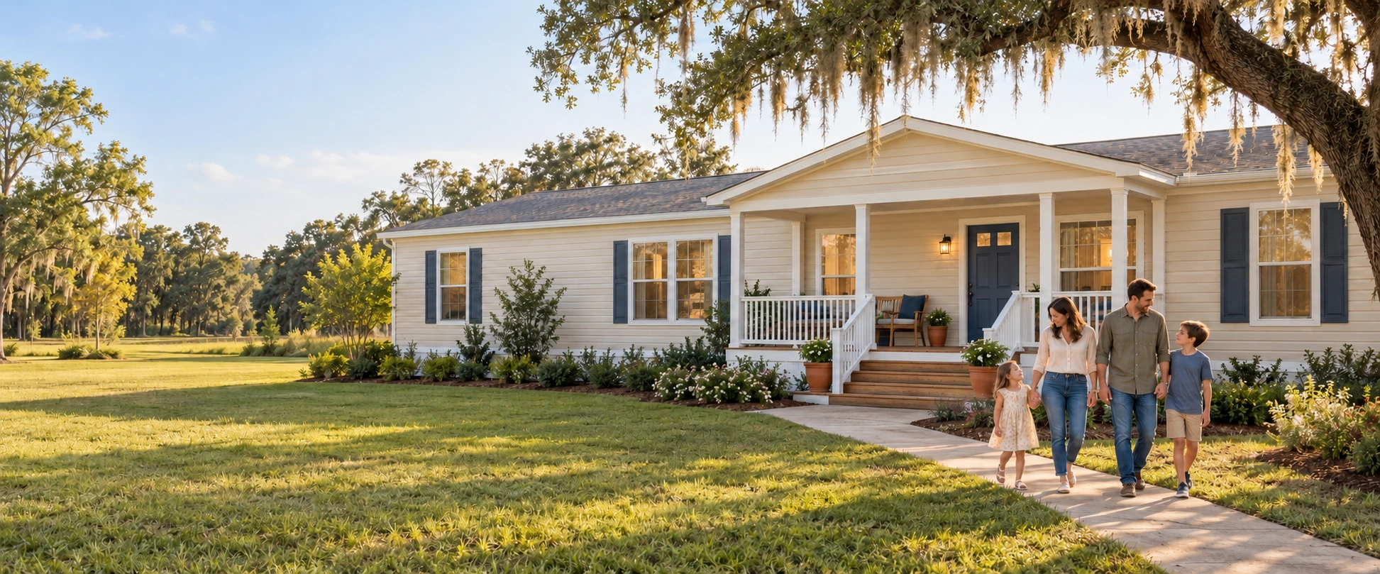 Illustrative family walking beside a welcoming manufactured home with a furnished porch beneath a mature Florida live oak