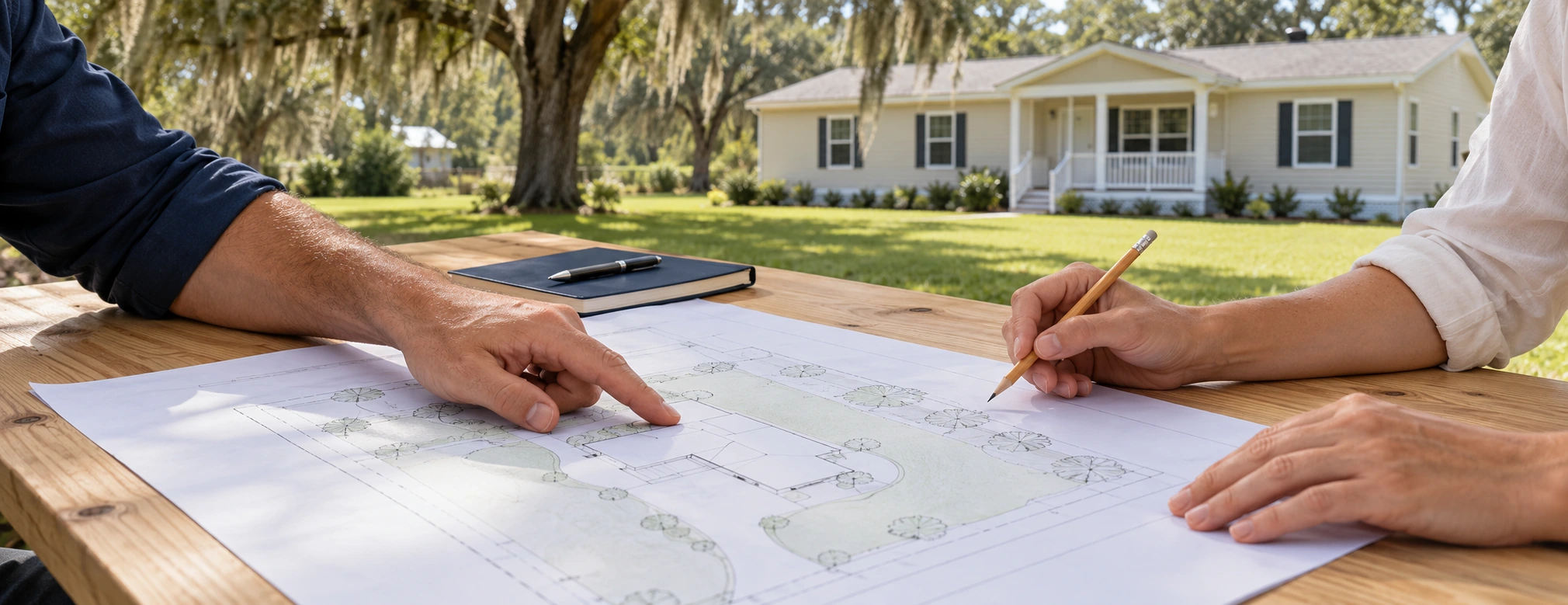 Illustrative close-up of hands reviewing a site plan, with a manufactured home in the background