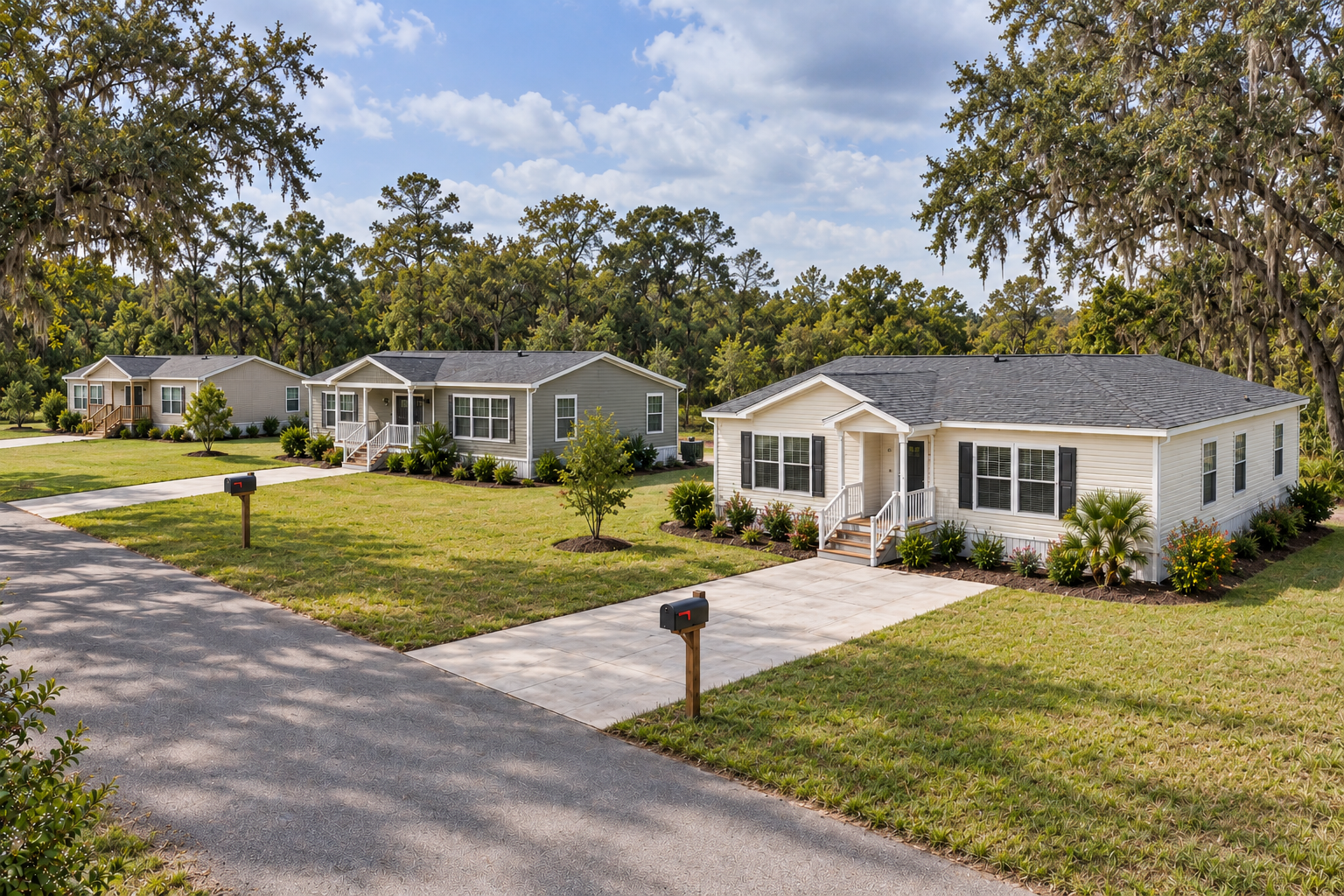Illustrative three-home manufactured-housing development with distinct homes, individual driveways, and mailboxes in a Florida setting
