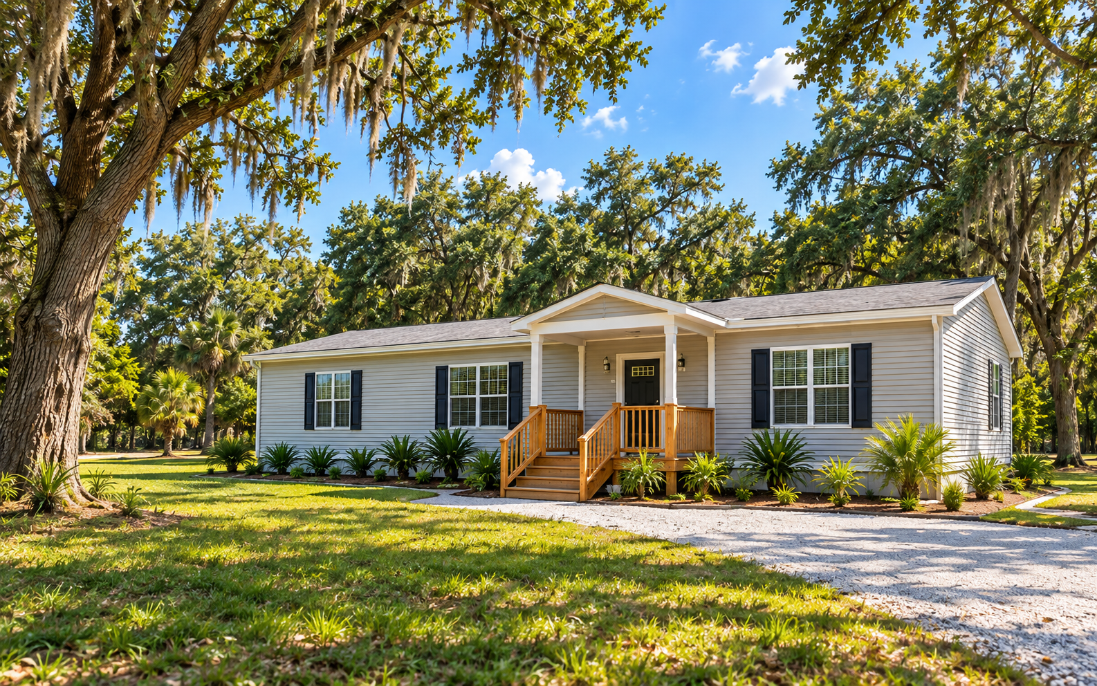 Illustrative manufactured home with a front porch beneath mature Florida oak trees