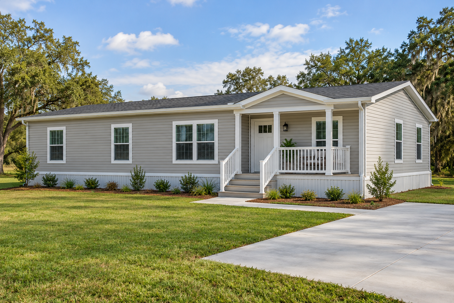 Illustrative finished manufactured rental home with a white-railed porch, driveway, and simple landscaping