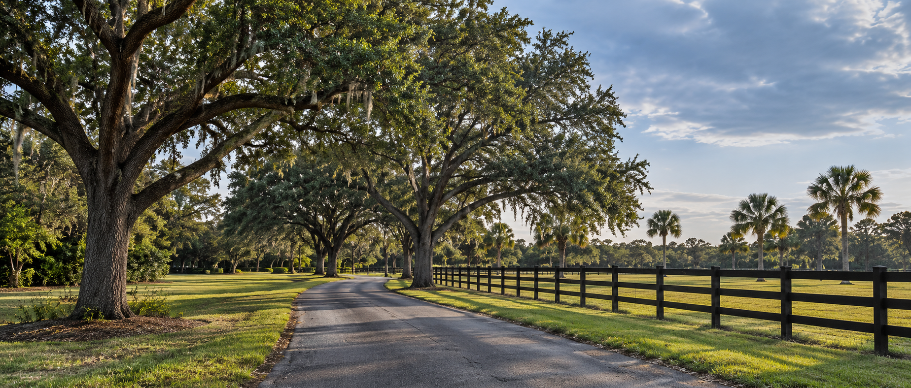 A quiet Central Florida lane shaded by mature oaks, alongside a pasture fence